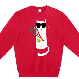 Funny Cat Wearing Sunglasses Playing Tennis Sport Premium Crewneck Sweatshirt