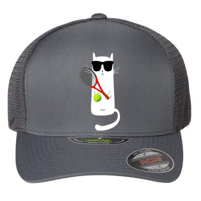 Funny Cat Wearing Sunglasses Playing Tennis Sport Flexfit Unipanel Trucker Cap