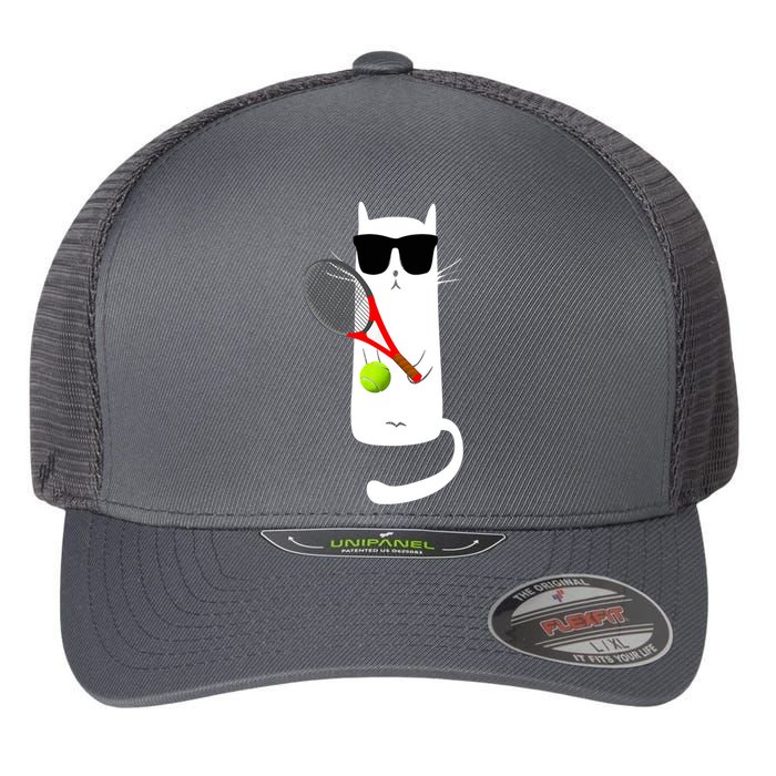 Funny Cat Wearing Sunglasses Playing Tennis Sport Flexfit Unipanel Trucker Cap