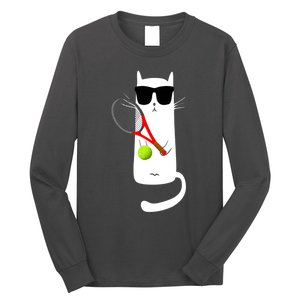 Funny Cat Wearing Sunglasses Playing Tennis Sport Long Sleeve Shirt