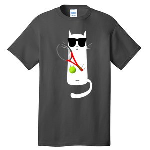 Funny Cat Wearing Sunglasses Playing Tennis Sport Tall T-Shirt