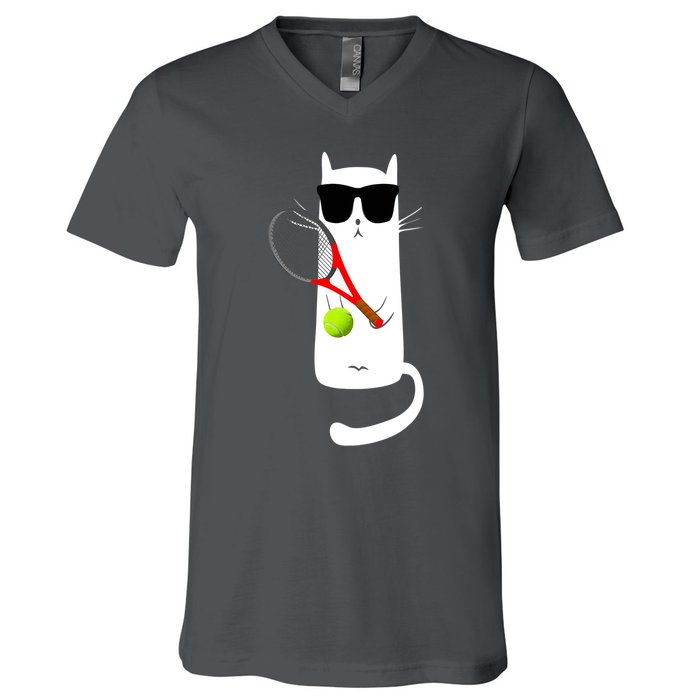 Funny Cat Wearing Sunglasses Playing Tennis Sport V-Neck T-Shirt