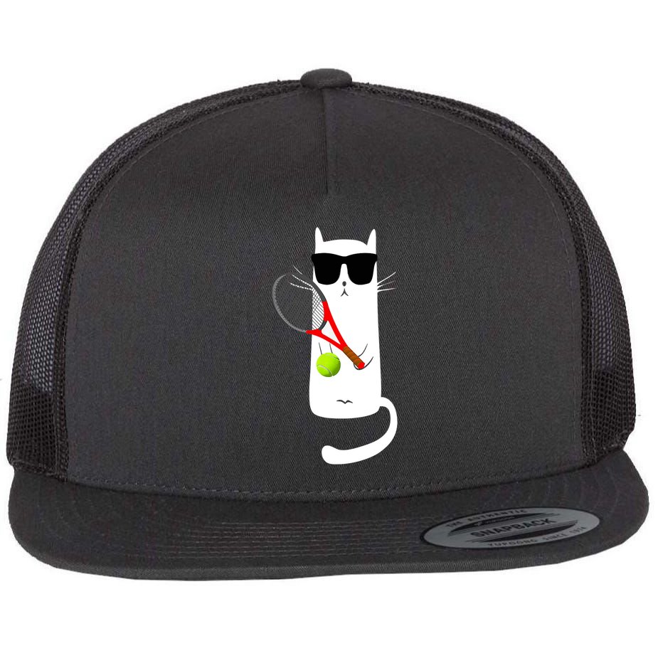Funny Cat Wearing Sunglasses Playing Tennis Sport Flat Bill Trucker Hat