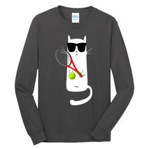 Funny Cat Wearing Sunglasses Playing Tennis Sport Tall Long Sleeve T-Shirt