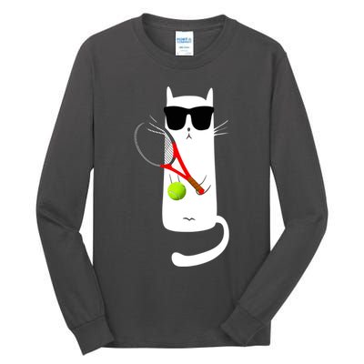 Funny Cat Wearing Sunglasses Playing Tennis Sport Tall Long Sleeve T-Shirt