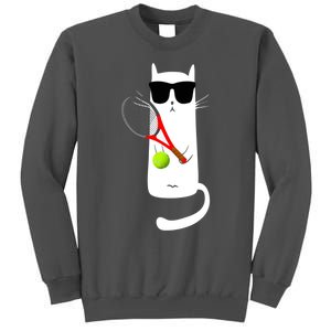 Funny Cat Wearing Sunglasses Playing Tennis Sport Tall Sweatshirt