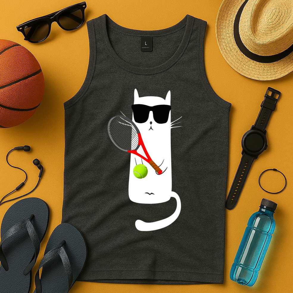 Funny Cat Wearing Sunglasses Playing Tennis Sport Tank Top
