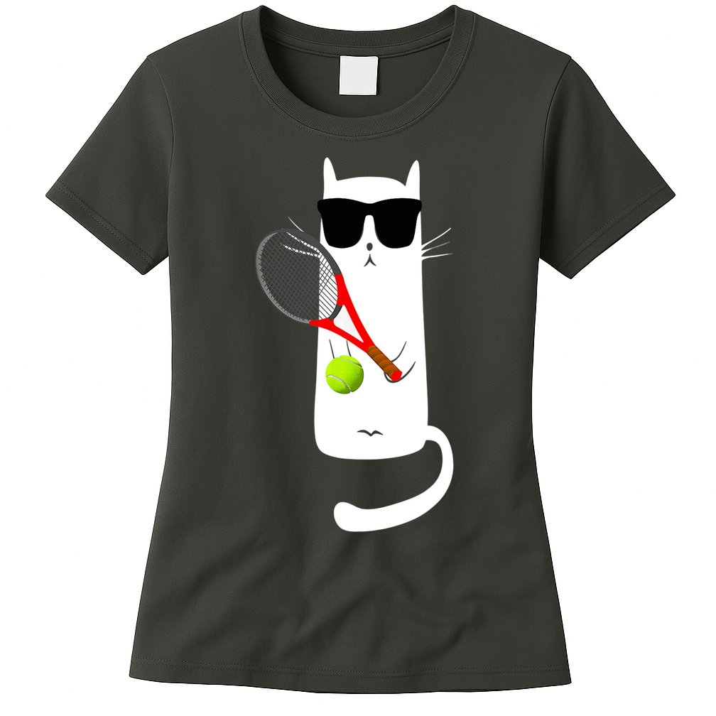 Funny Cat Wearing Sunglasses Playing Tennis Sport Womens T-Shirt
