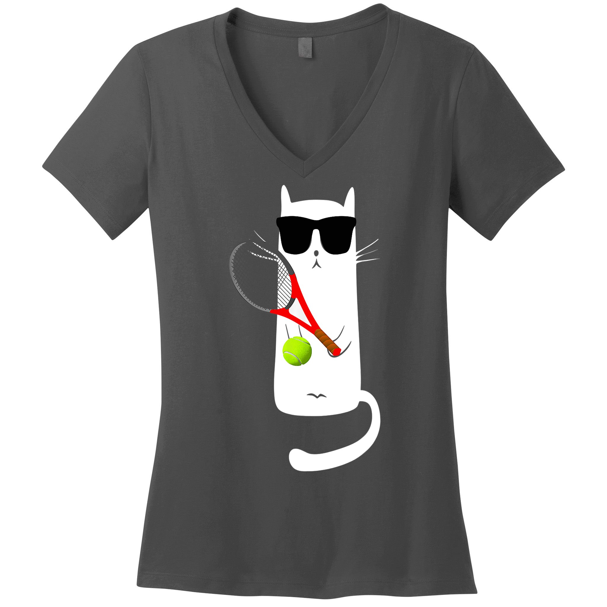 Funny Cat Wearing Sunglasses Playing Tennis Sport Women's V-Neck T-Shirt