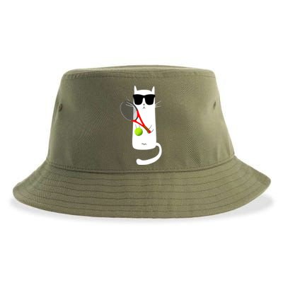 Funny Cat Wearing Sunglasses Playing Tennis Sport Sustainable Bucket Hat