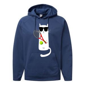 Funny Cat Wearing Sunglasses Playing Tennis Sport Performance Fleece Hoodie