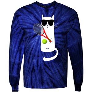 Funny Cat Wearing Sunglasses Playing Tennis Sport Tie-Dye Long Sleeve Shirt