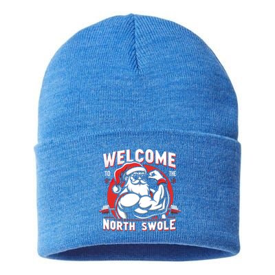 Funny Christmas Weightlifting Workout Gym North Swole Gift Sustainable Knit Beanie