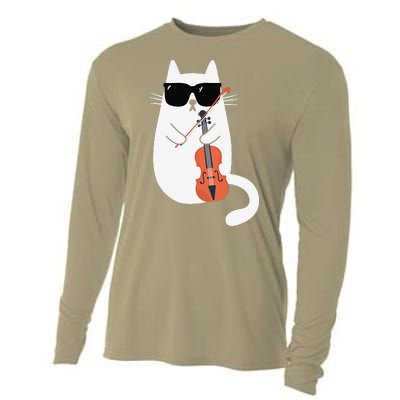 Funny Cat Wearing Sunglasses Playing Violin Viola Musician Cooling Performance Long Sleeve Crew