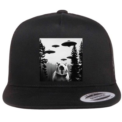 Funny Capybara With Alien Ufo Spaceship. Capybara Lovers Flat Bill Trucker Hat