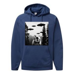 Funny Capybara With Alien Ufo Spaceship. Capybara Lovers Performance Fleece Hoodie