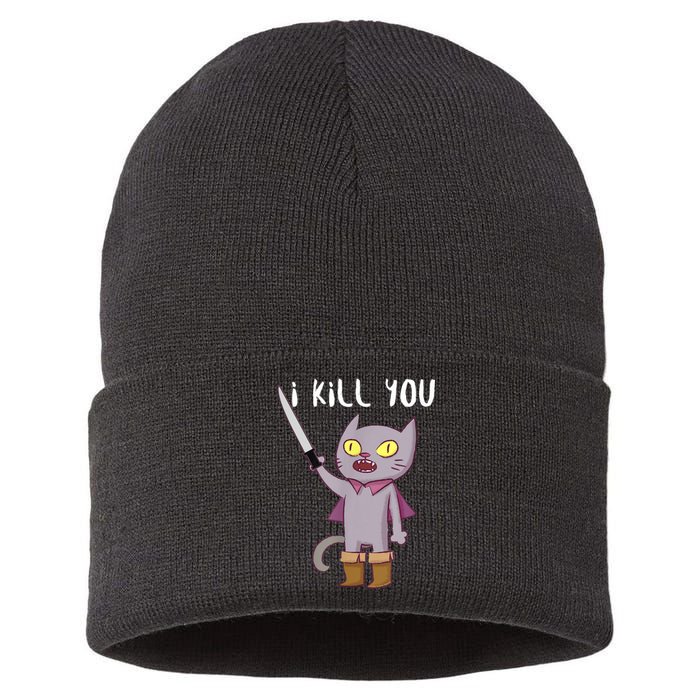 Funny Cat With Knife Cat Lovers Sustainable Knit Beanie