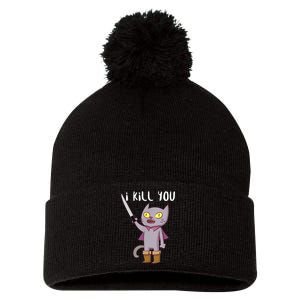 Funny Cat With Knife Cat Lovers Pom Pom 12in Knit Beanie