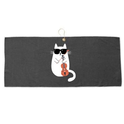 Funny Cat Wearing Sunglasses Playing Violin Viola Musician Gift Large Microfiber Waffle Golf Towel