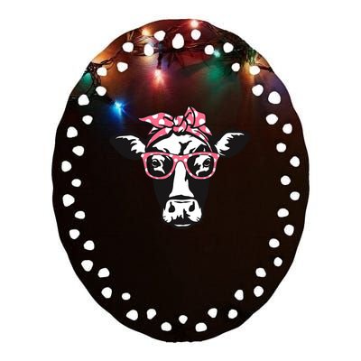 Funny Cow With Bandana Glasses, Cute Cow Ceramic Oval Ornament