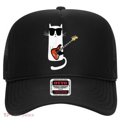 Funny Cat Wearing Sunglasses Playing Bass Guitar High Crown Mesh Back Trucker Hat