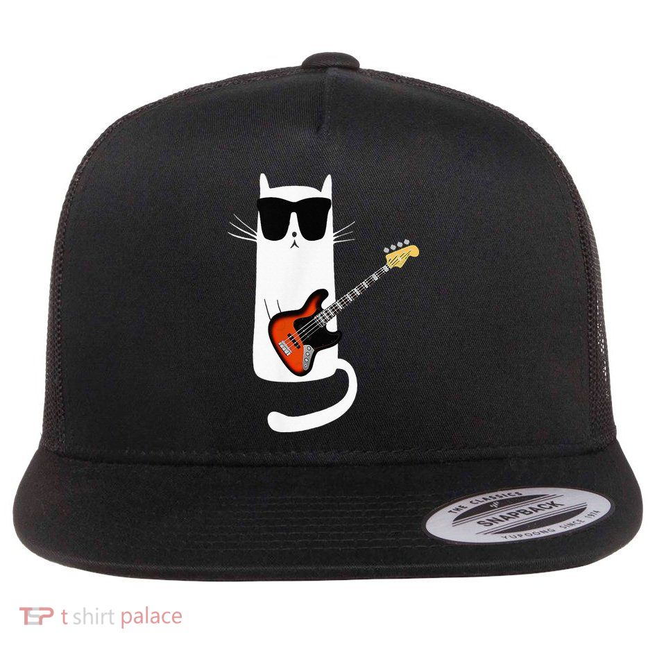 Funny Cat Wearing Sunglasses Playing Bass Guitar Flat Bill Trucker Hat