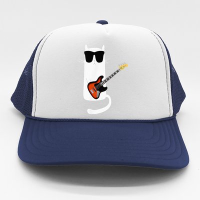 Funny Cat Wearing Sunglasses Playing Bass Guitar Trucker Hat