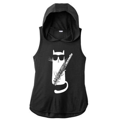 Funny Cat Wearing Sunglasses Playing Flute Musician Ladies PosiCharge Tri-Blend Wicking Draft Hoodie Tank