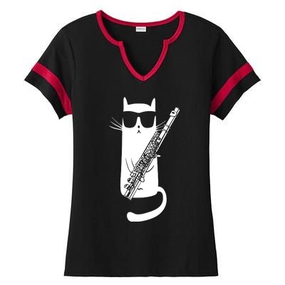 Funny Cat Wearing Sunglasses Playing Flute Musician Ladies Halftime Notch Neck Tee