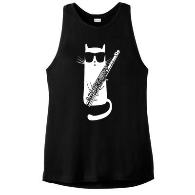 Funny Cat Wearing Sunglasses Playing Flute Musician Ladies PosiCharge Tri-Blend Wicking Tank