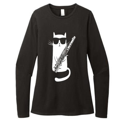 Funny Cat Wearing Sunglasses Playing Flute Musician Womens CVC Long Sleeve Shirt