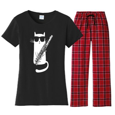 Funny Cat Wearing Sunglasses Playing Flute Musician Women's Flannel Pajama Set