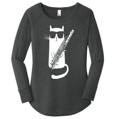 Funny Cat Wearing Sunglasses Playing Flute Musician Women's Perfect Tri Tunic Long Sleeve Shirt