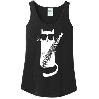 Funny Cat Wearing Sunglasses Playing Flute Musician Ladies Essential Tank