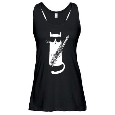 Funny Cat Wearing Sunglasses Playing Flute Musician Ladies Essential Flowy Tank