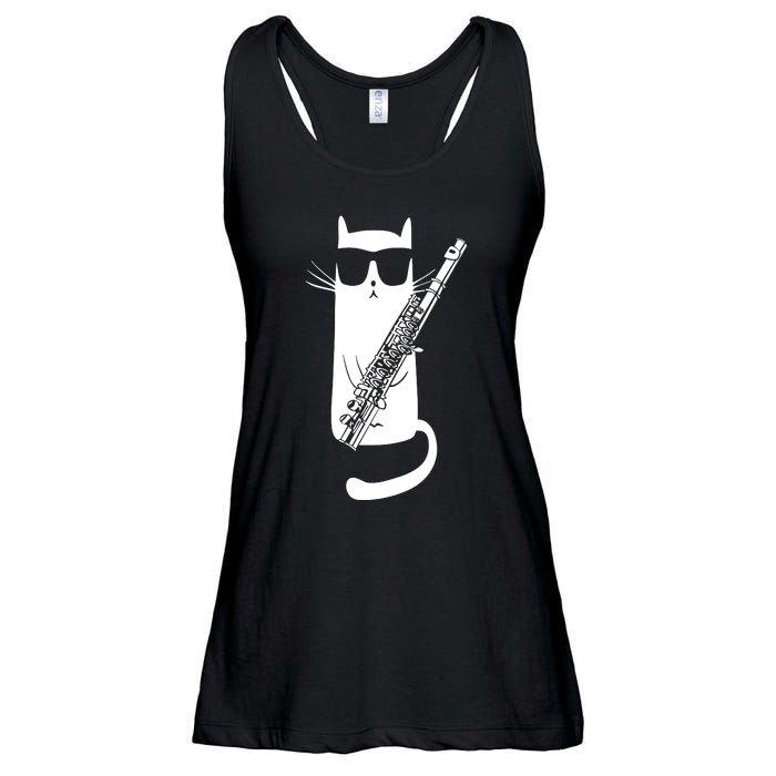 Funny Cat Wearing Sunglasses Playing Flute Musician Ladies Essential Flowy Tank