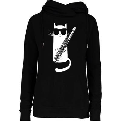 Funny Cat Wearing Sunglasses Playing Flute Musician Womens Funnel Neck Pullover Hood