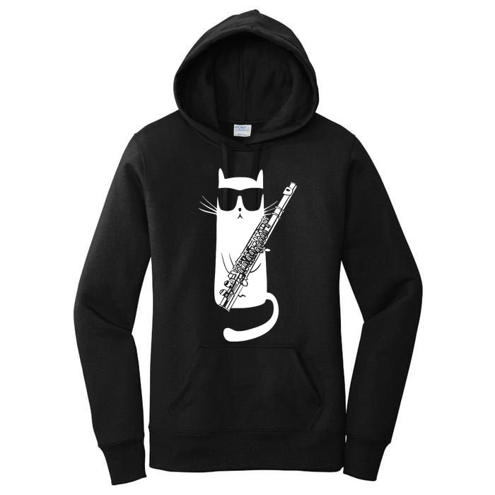 Funny Cat Wearing Sunglasses Playing Flute Musician Women's Pullover Hoodie