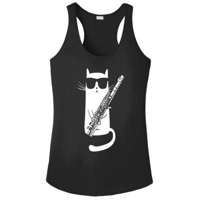 Funny Cat Wearing Sunglasses Playing Flute Musician Ladies PosiCharge Competitor Racerback Tank