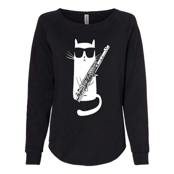 Funny Cat Wearing Sunglasses Playing Flute Musician Womens California Wash Sweatshirt