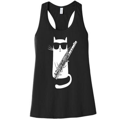 Funny Cat Wearing Sunglasses Playing Flute Musician Women's Racerback Tank