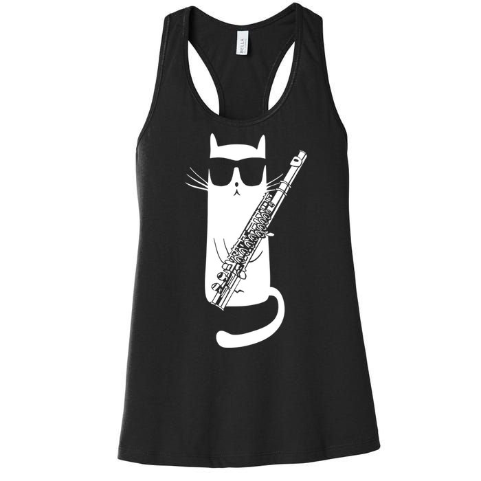 Funny Cat Wearing Sunglasses Playing Flute Musician Women's Racerback Tank