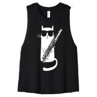 Funny Cat Wearing Sunglasses Playing Flute Musician Women's Racerback Cropped Tank