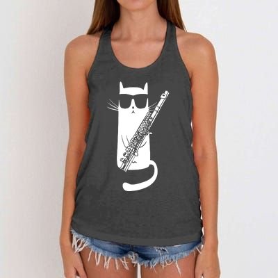 Funny Cat Wearing Sunglasses Playing Flute Musician Women's Knotted Racerback Tank