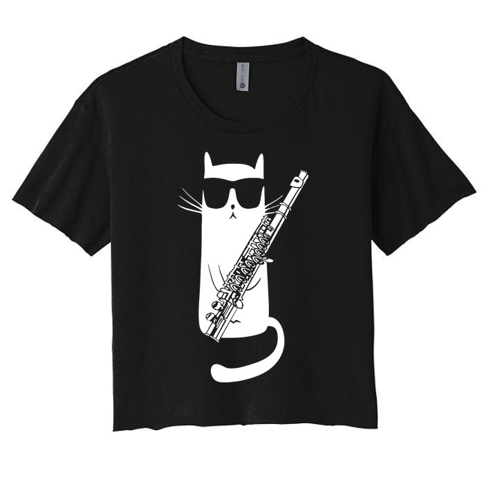 Funny Cat Wearing Sunglasses Playing Flute Musician Women's Crop Top Tee