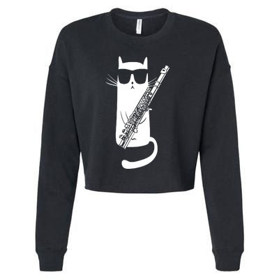 Funny Cat Wearing Sunglasses Playing Flute Musician Cropped Pullover Crew