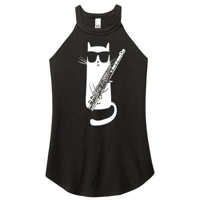 Funny Cat Wearing Sunglasses Playing Flute Musician Women's Perfect Tri Rocker Tank