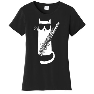 Funny Cat Wearing Sunglasses Playing Flute Musician Women's T-Shirt