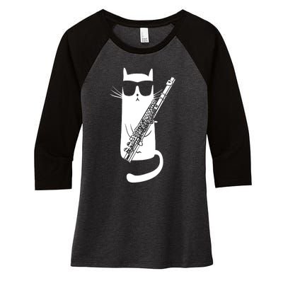 Funny Cat Wearing Sunglasses Playing Flute Musician Women's Tri-Blend 3/4-Sleeve Raglan Shirt