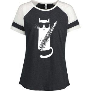 Funny Cat Wearing Sunglasses Playing Flute Musician Enza Ladies Jersey Colorblock Tee